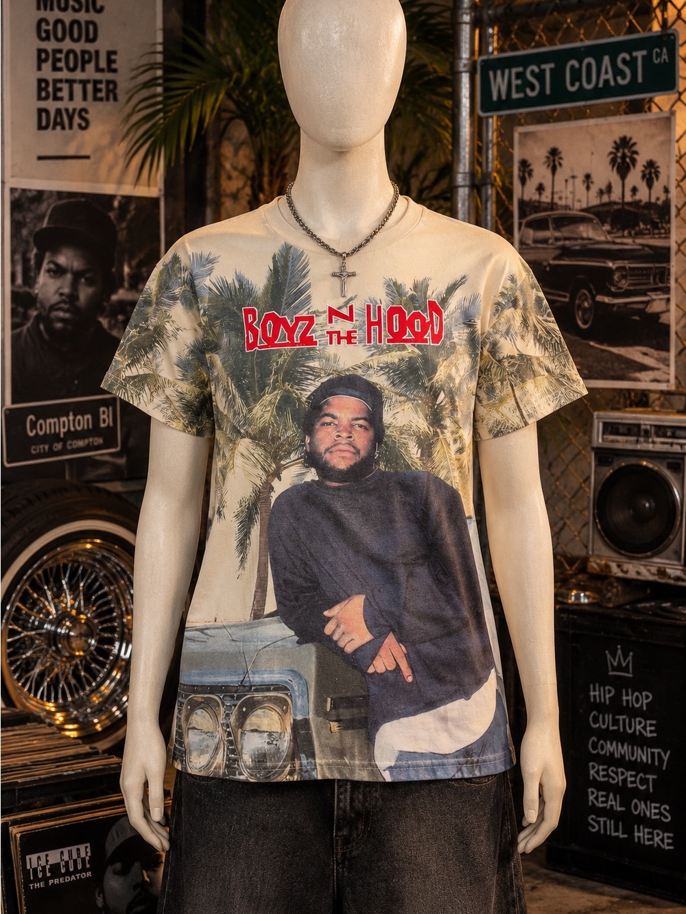 Freeze Beige Palm Graphic Tee with Red Logo